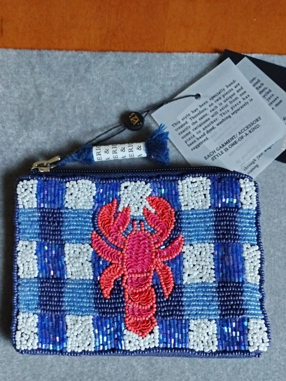 Artisan Crafted Beaded Blue Check Lobster Coin Purse NWT